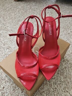 Red Pointed-Toe Ankle Strap Heels